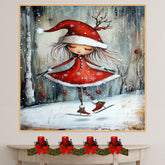 Christmas Witch Ice Skating Print – Whimsical Red Dress & Antler Hat Holiday Art, Winter Fairy Girl Wall Decor, Enchanted Snow Scene for Kids Room or Nursery on Ready to Hang 1.5" Thick Canvas Wrap, Floating Framed Canvas, Flat Rolled Canvas
